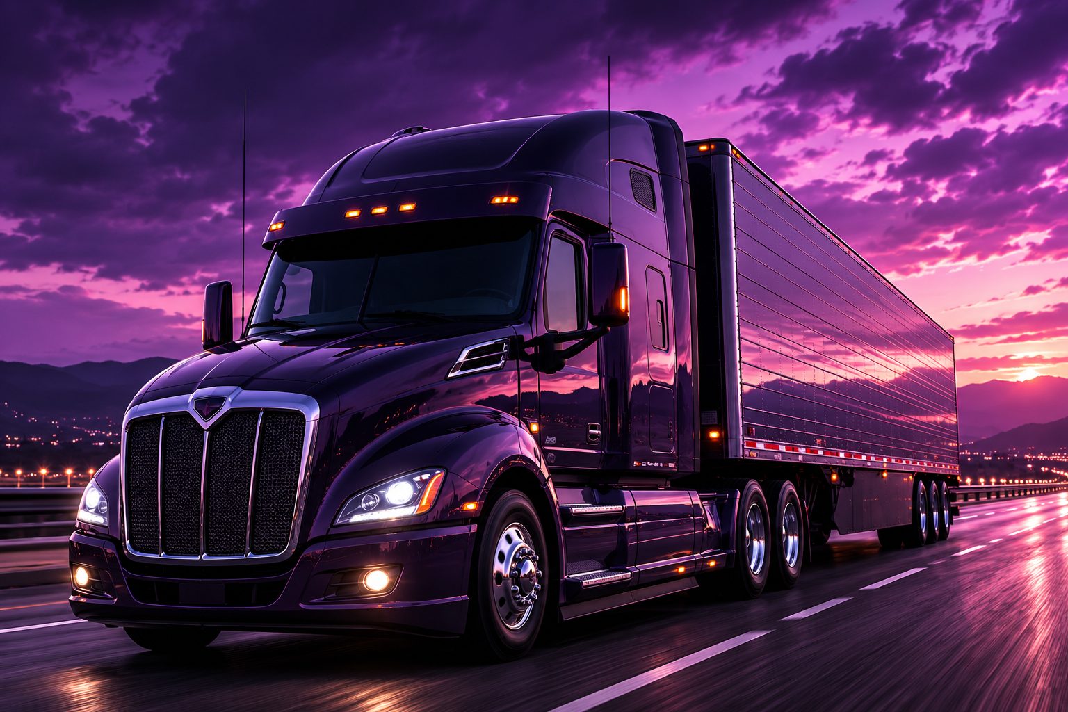 Uzum Trucking semi truck on highway at dusk